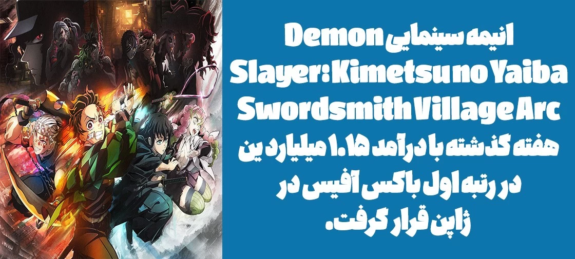 انیمه سینمایی "Demon Slayer: Kimetsu no Yaiba Swordsmith Village Arc" هفته گذشته با درآمد 1.15 میلیارد ین در رتبه اول باکس آفیس در ژاپن قرار گرفت.